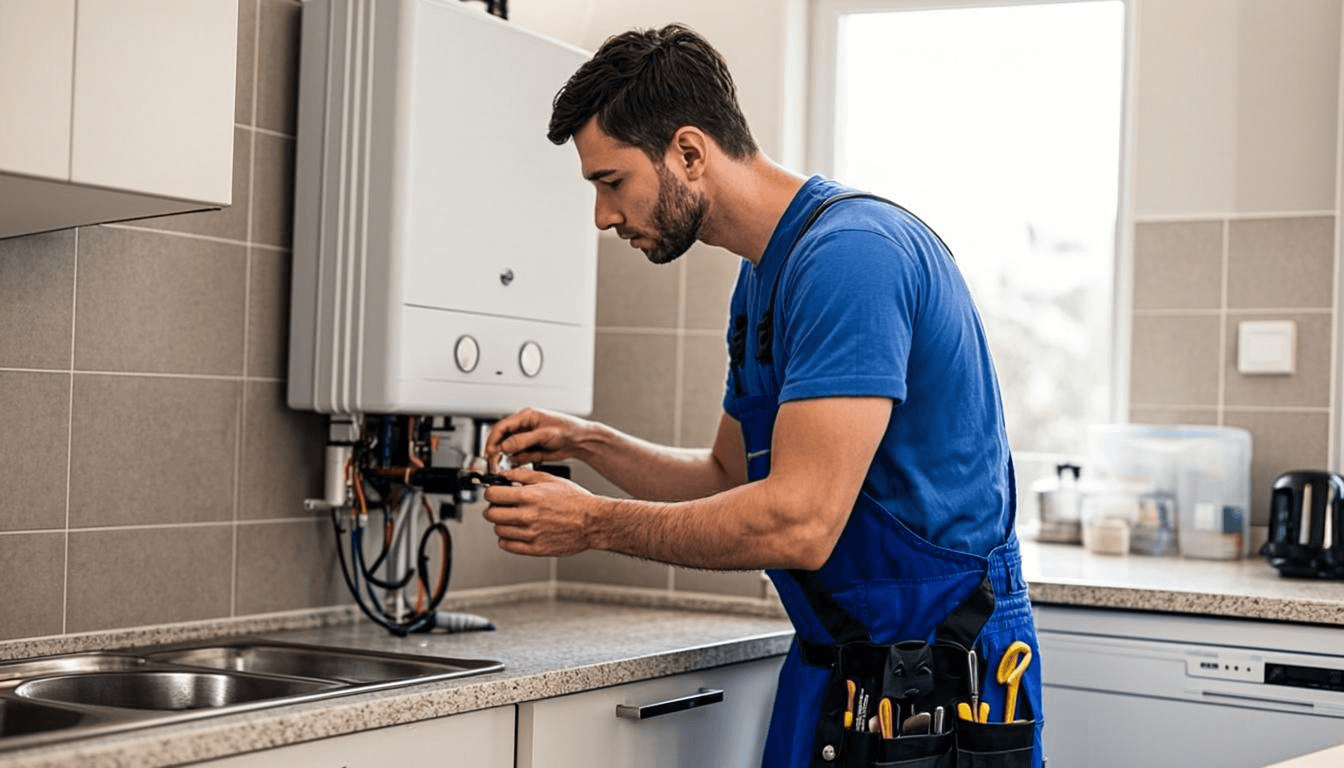 Licensed FlowRight plumber installing a tankless water heater in a home utility room